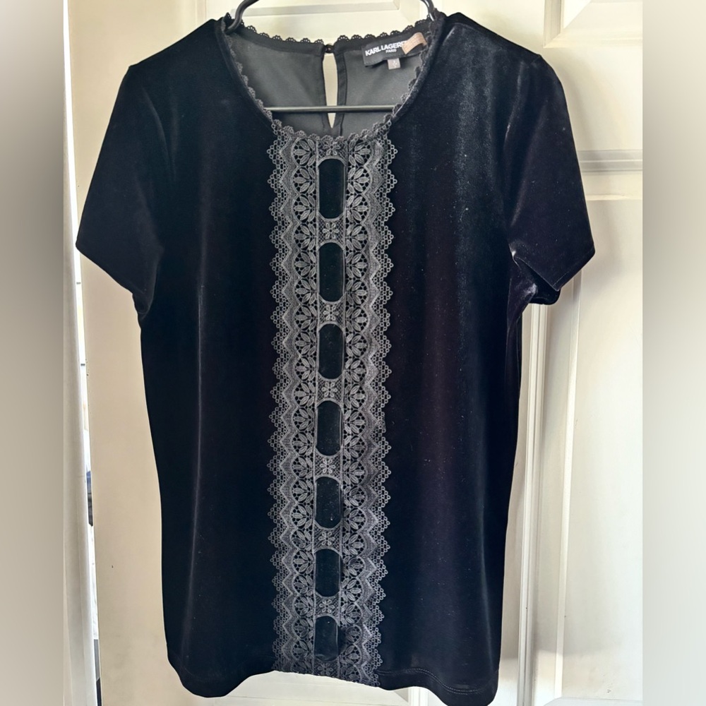 Karl Lagerfeld Black Velvet Top with Lace Trim